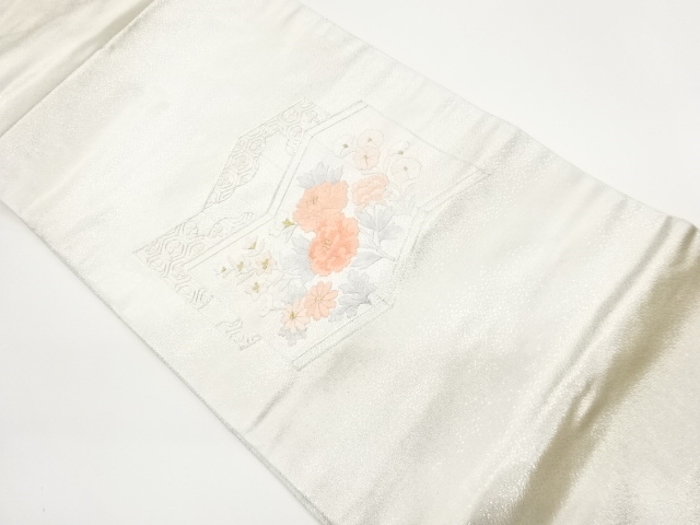 JAPANESE KIMONO / SILVER KOMA EMBROIDERED FOLDING SCREEN / FLOWERS / T